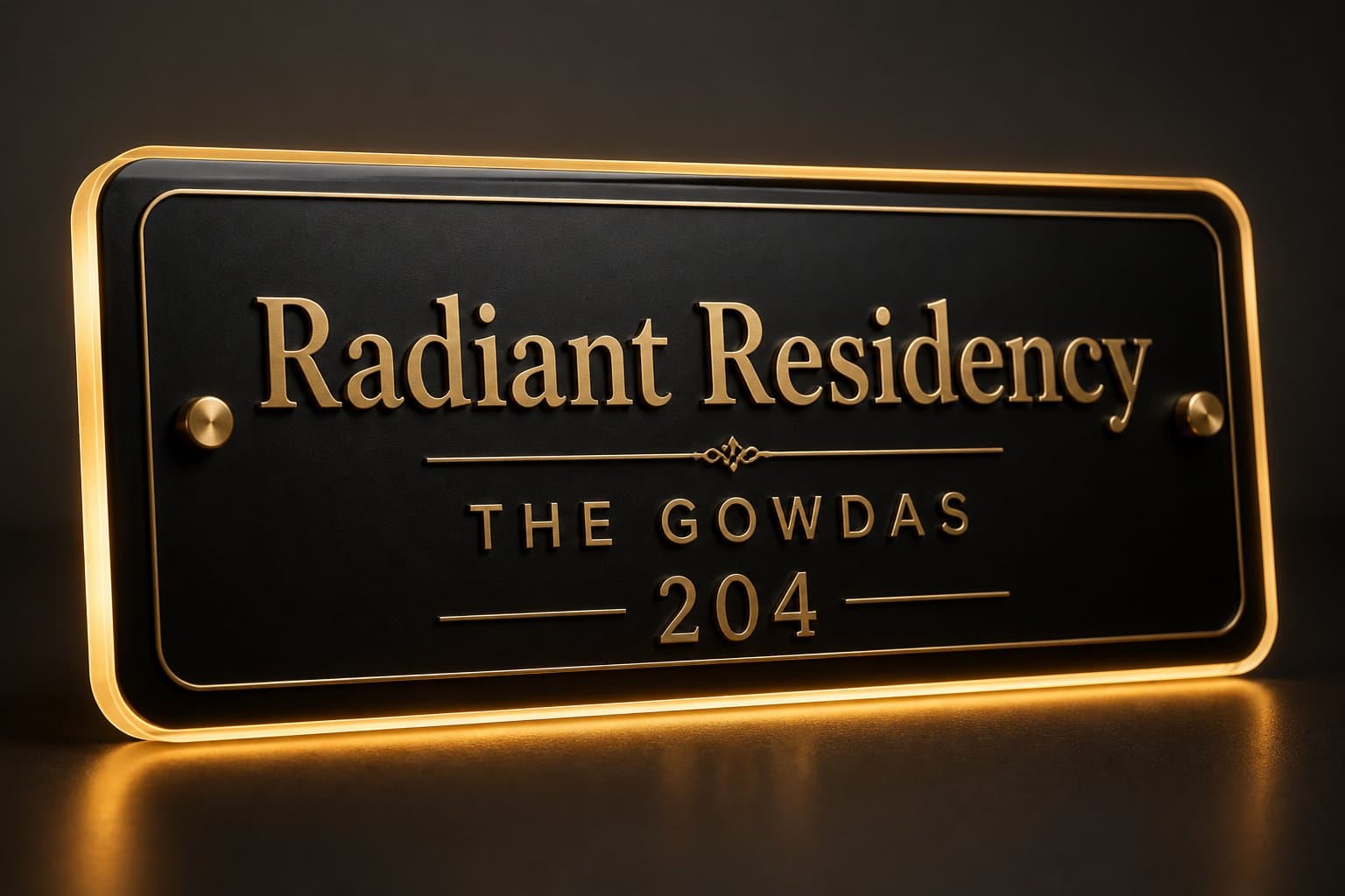 Black acrylic catalogue nameplate surrounded by warm LED light