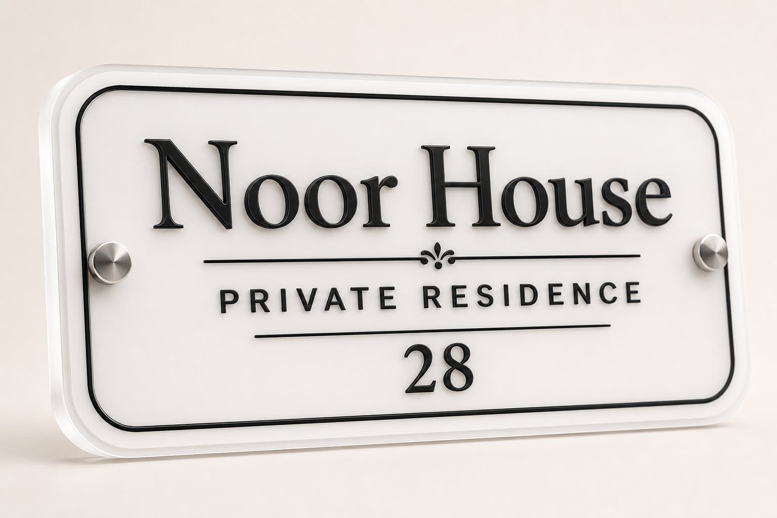 White minimal acrylic nameplate with contrasting lettering