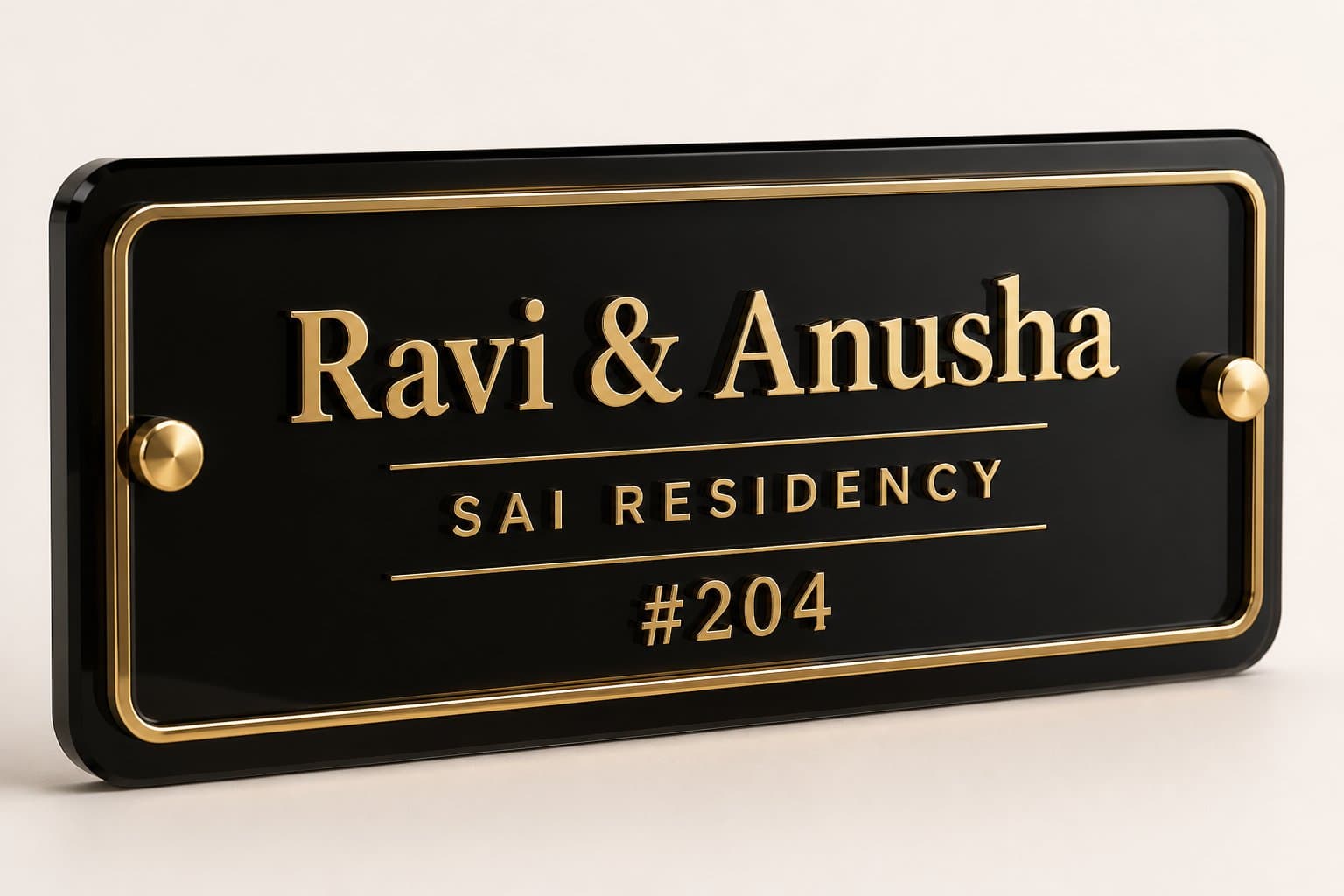 Black acrylic nameplate with gold lettering and a fine gold border
